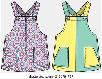 DUNAGREE DRESS  WITH PATCH POCKET DESIGN FOR BABIES, INFANT GIRL AND TODDLER GIRLS IN VECTOR ILLUSTRATION