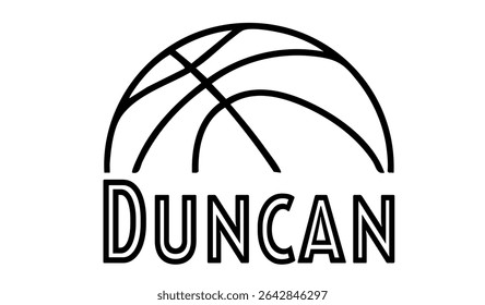 Duncan – first name in sporty style with a stylized basketball sketch. Black vector graphic, ideal for banners, cards, sweatshirts, prints, Cricut, Silhouette and sublimation projects.