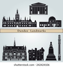 Dundee landmarks and monuments isolated on blue background in editable vector file