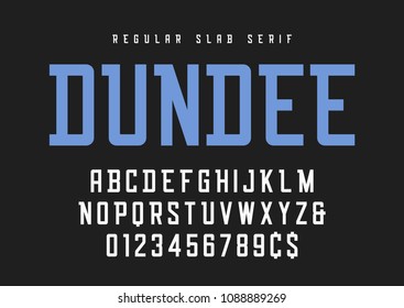 Dundee regular slab serif font, typeface, alphabet. Swatch color control.