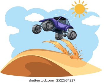 Dune buggy jumping over sandy hill