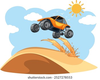 Dune buggy jumping over sandy hill