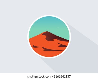 Dune illustration on clear sky. Desert landscape vector icon. Natural sand dunes in clear sky. Vector flat illustration. Long shadow.
