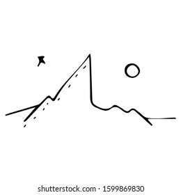 Dune includes sharp mountain peaks, dunes with moon and stars on a white background for stickers, prints on t-shirts,for cards, gift wrapping, brooches, business cards.