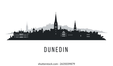 Dunedin City Skyline with New Zealand, and Silhouette.