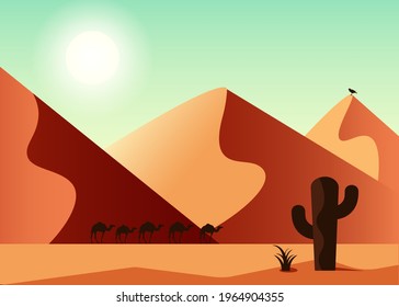 dunes in the desert, silhouette of camels at sunset, vector image