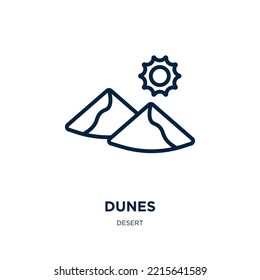dunes icon from desert collection. Thin linear dunes, landscape, dune outline icon isolated on white background. Line vector dunes sign, symbol for web and mobile