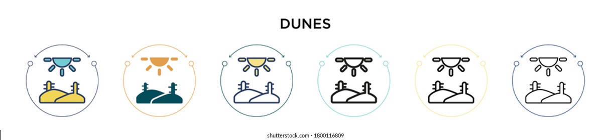 Dunes icon in filled, thin line, outline and stroke style. Vector illustration of two colored and black dunes vector icons designs can be used for mobile, ui, web