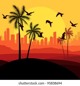 Dunes and migrating birds in Arabic skyscraper city landscape illustration vector