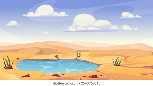 Dunas y oasis en el desierto. Vector en estilo de dibujos animados, escena del juego con tierra abandonada y desierto. Paisaje con estanque, lago con agua y vegetación. Perspectiva con vastas arenas y vacío