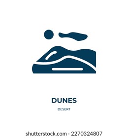 icono del vector dunas. dunas, dunas, iconos llenos de sol del concepto de desierto plano. Icono de glifo negro aislado, elemento de símbolo de ilustración vectorial para diseño web y aplicaciones móviles