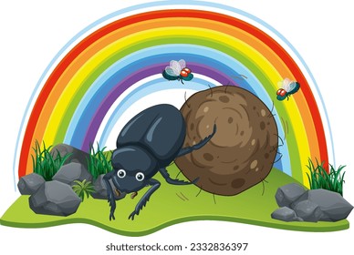 Dung Beetle and the Flies in Cartoon Style illustration