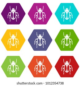 Dung beetle icon set many color hexahedron isolated on white vector illustration