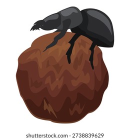 Dung beetle pushing a ball of dung, coprophagous insect working, isolated on white background