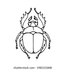 dung beetle, scarabaeus, ancient egypt sacred symbol, vector illustration with black ink contour lines isolated on a white background in a cartoon and hand drawn style