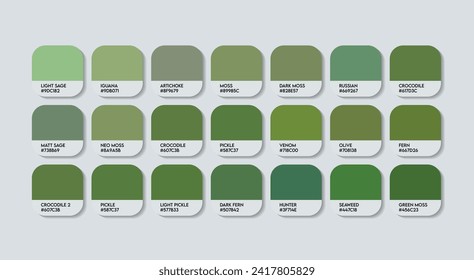 dung green color Guide Palette with Color Names. Catalog Samples dung green with RGB HEX codes and Names. Metal Colors Palette Vector, Wood and Plastic green Color Palette, Fashion Trend Green Colors