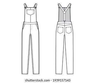 Dungaree Denim overall jumpsuit technical fashion illustration with full floor length, normal waist, high rise, pockets, Rivets. Flat apparel front back, white color style. Women men unisex CAD mockup