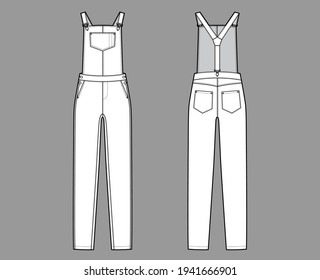 Dungaree Denim overall jumpsuit technical fashion illustration with full floor length, normal waist, high rise, pockets, Rivets. Flat apparel front back, white color style. Women men unisex CAD mockup