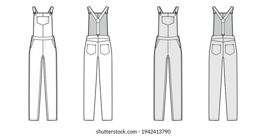 Dungaree Denim overall jumpsuit technical fashion illustration with full floor length, normal waist, high rise, pockets, Rivets. Flat front back, white, grey color style. Women, men unisex CAD mockup