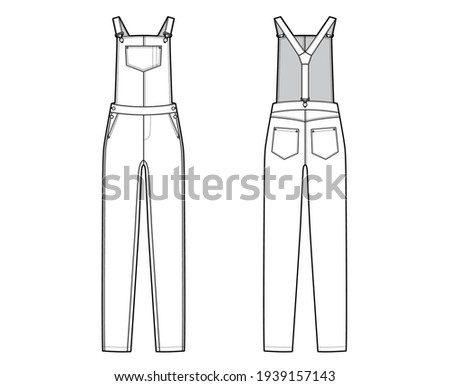 Dungaree Denim overall jumpsuit technical fashion illustration with full floor length, normal waist, high rise, pockets, Rivets. Flat apparel front back, white color style. Women men unisex CAD mockup