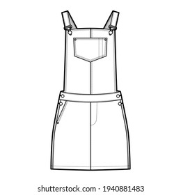 Dungaree dress Denim overall jumpsuit technical fashion illustration with mini length, normal waist, high rise, pockets, Rivets. Flat garment front, white color style. Women, men unisex CAD mockup