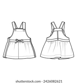 Dungaree dress with ribbon technical fashion Illustration. Front and back view. Vector technical sketch.