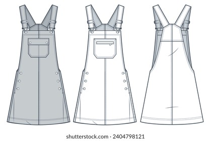 Dungaree Dress technical fashion Illustration. Mini Dress fashion flat technical drawing template, A-line, button, pocket, relaxed fit, front and back view, white, grey, women's Dress CAD mockup set.