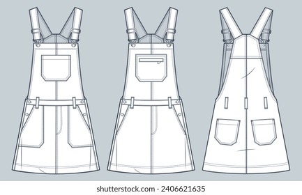 Dungaree Dress technical fashion Illustration. Mini Dress fashion flat technical drawing template, A-line, button, pocket, relaxed fit, front and back view, white, grey, women Overalls CAD mockup set.