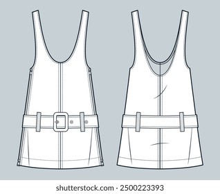 Dungaree Vestido de moda técnica. Cinturón Mini vestido de moda plana Plantilla técnica de dibujo, línea A, cuello de inmersión, cremallera, ajuste relajado, vista frontal y posterior, blanco, maqueta de CAD de vestir de mujeres.