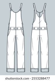 Dungaree Jeans Calça moda modelo de desenho técnico plano. Jeans macacão, Jumpsuit ilustração de moda técnica, bolsos, cinto, zíper, frente e vista traseira, branco, mulheres, homens, maquete CAD unissex.