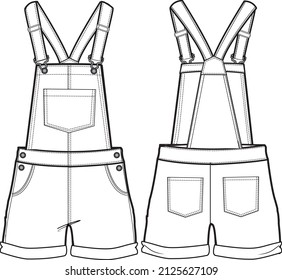 Dungaree Shorts Fashion Flat Template Vector Sketch