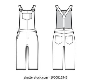 Dungarees Denim overall jumpsuit technical fashion illustration with knee length and a normal high rise waist with Riveted pockets,. Flat garment front back, white color style. Women CAD mockup