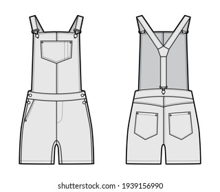 Dungarees Denim globalmente traje de salto ilustración técnica de moda con longitud mini, cintura normal, altura, bolsillos, Rivets. Funda plana en la parte posterior, color gris. Mujeres, hombres unisex CAD mockup