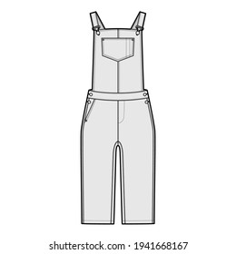 Dungarees Denim insgesamt Jumpsuit technische Modegrafik mit Knie Länge, normale Taille, hohe Aufstieg, Taschen, Rivets. Flaches Kleidungsstück vorne, weiß, grau. Frauen, Männer ohne Ex-CAD-Modell