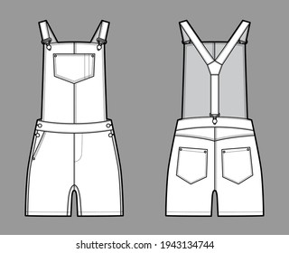 Dungarees Denim overall jumpsuit technical fashion illustration with mini length, normal waist, high rise, pockets, Rivets. Flat apparel front back, white color style. Women, men unisex CAD mockup
