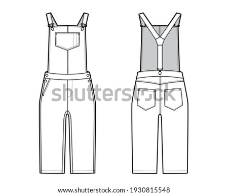 Dungarees Denim overall jumpsuit technical fashion illustration with knee length and a normal high rise waist with Riveted pockets,. Flat garment front back, white color style. Women CAD mockup