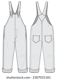 Vista frontal y trasera de los Jumpsuit de Dungarees. Moda Ilustración, Vector, CAD, Dibujo Técnico, Plano Plano, Plantilla, Trampa.