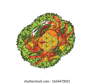 Dungeness Crab with lemon and vegetable on white background.Dungeness Crab vector art highly detailed in line art style.