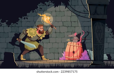 Dungeon cartoon composition with man holding sword in medieval castle basement vector illustration