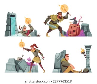 Dungeon cartoon composition set with men and women in ancient clothing and rpg play symbols isolated vector illustration