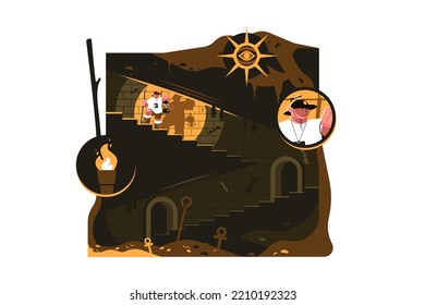 Dungeon crawler corridors with hidden golden treasures vector illustration. Guy with torch searching buried treasure flat concept