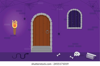 Dungeon Door with Human Bones and Spiders Flat Style. Horror and history concept vector art