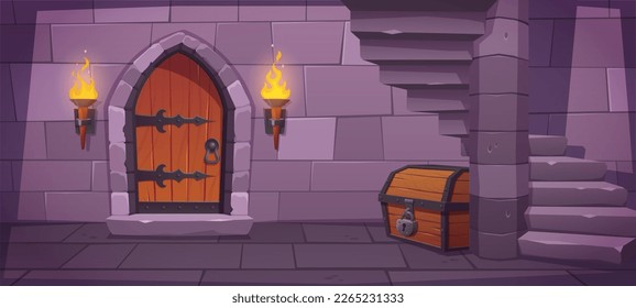 Puerta de mazmorra en el castillo medieval con el pecho de madera y las escaleras de fondo de caricatura. Muro de ladrillo de piedra y antorcha antigua cerca de la ilustración vectorial de portón de madera. Entrada cerrada al portal en catacumbas