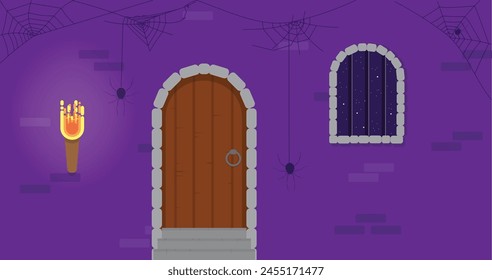 Dungeon Door with a Small Window at Night Flat Style. Horror and history concept vector art