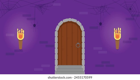 Dungeon Door with Torches Flat Style. Horror and history concept vector art