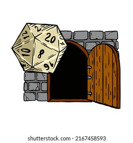 Dungeon and dragons board game. 20 sided dice and entrance to castle. Stone medieval door. 