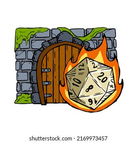 Dungeon and dragons board game. 20 sided dice and entrance to castle. Stone medieval door. RPG Adventures.