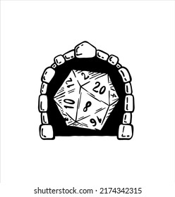 Dungeon and dragons board game. 20 sided dice and entrance to castle. Stone medieval door. RPG Adventures.