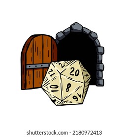 Dungeon and dragons board game. 20 sided dice and entrance to castle. Stone medieval door. RPG Adventures.