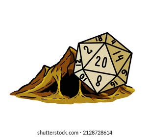 Dungeon and dragons board game. Dice d20 and cartoon cave entrance